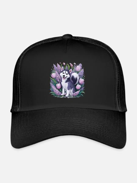 Cartoon Husky with Tulips, Lilac for Husky Fans - Trucker Cap - black/black - Front