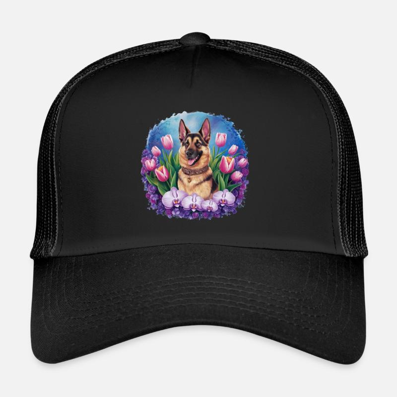 Dessin animé berger allemand avec des orchidées Casquette trucker 