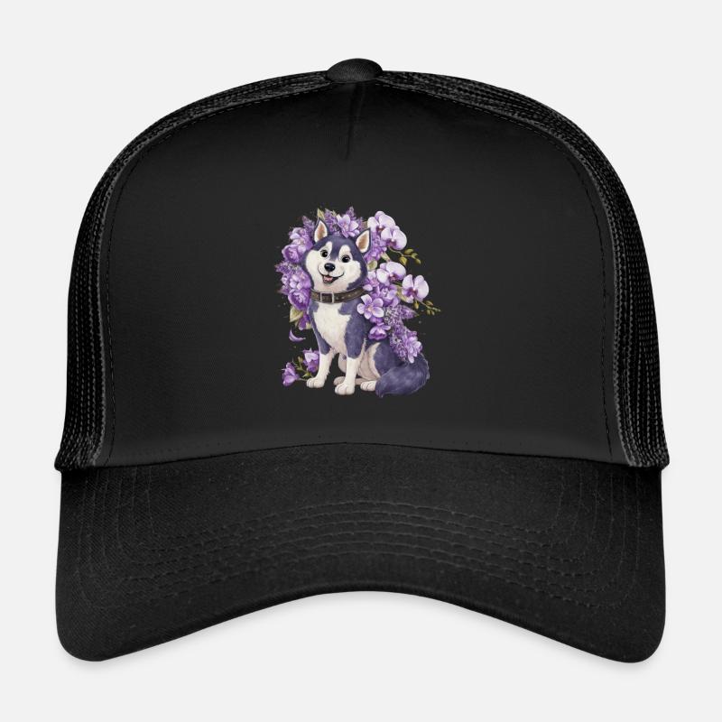 Cute cartoon husky with pretty orchids Trucker Cap