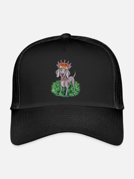 Weimaraner with crown and pretty flowers - Trucker Cap - black/black - Front