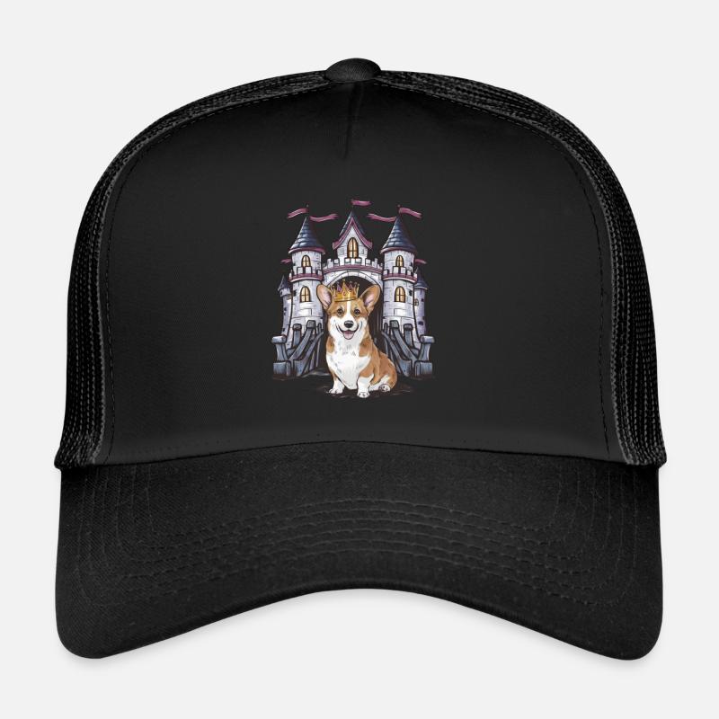 Süßer Cartoon Corgi mit Krone und Schloss - Trucker Cap - Schwarz/Schwarz
