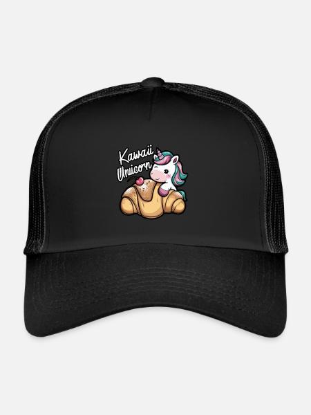 Kawaii Unicorn with Croissant - Trucker Cap - black/black - Front
