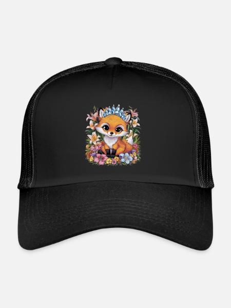 Dessin animé Kawaii renard avec des fleurs colorées - Casquette trucker  - noir/noir - Devant