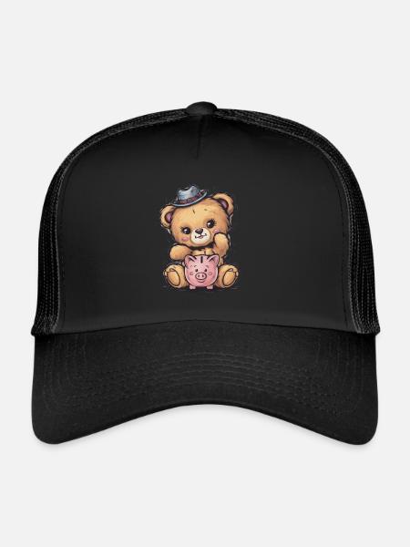 Mignon ours en peluche kawaii avec tirelire - Casquette trucker  - noir/noir - Devant
