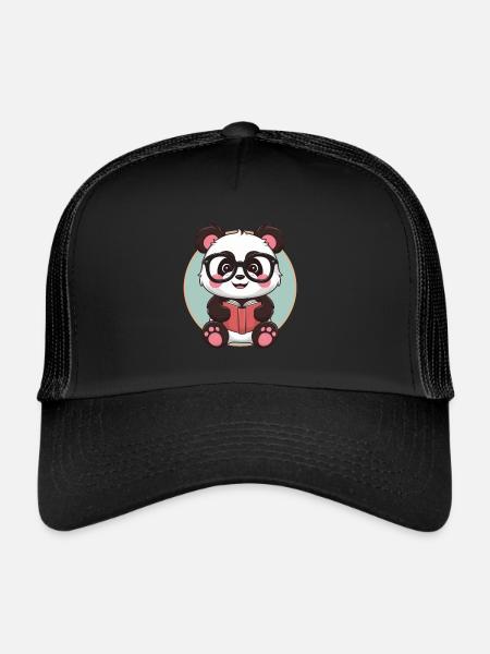 Mignon panda kawaii avec des lunettes et un livre - Casquette trucker  - noir/noir - Devant