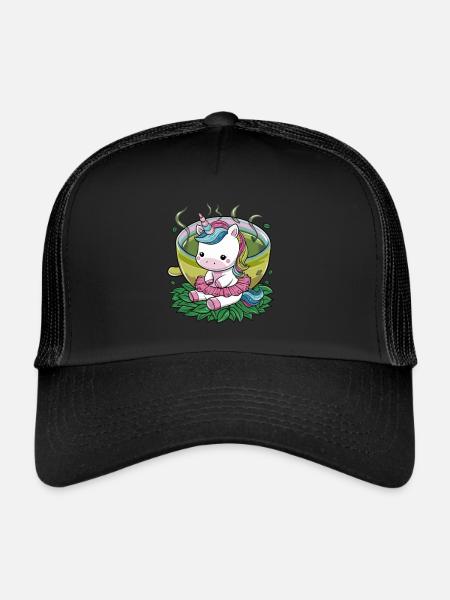 Une jolie licorne kawaii aime le thé vert - Casquette trucker  - noir/noir - Devant