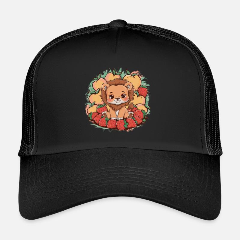 Kawaii Löwe mit Erdbeeren und Pfirsichen Trucker Cap
