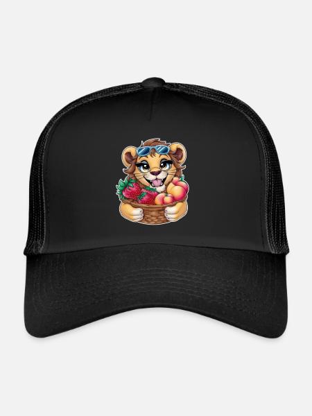 Lion kawaii aux fraises et aux pêches - Casquette trucker  - noir/noir - Devant