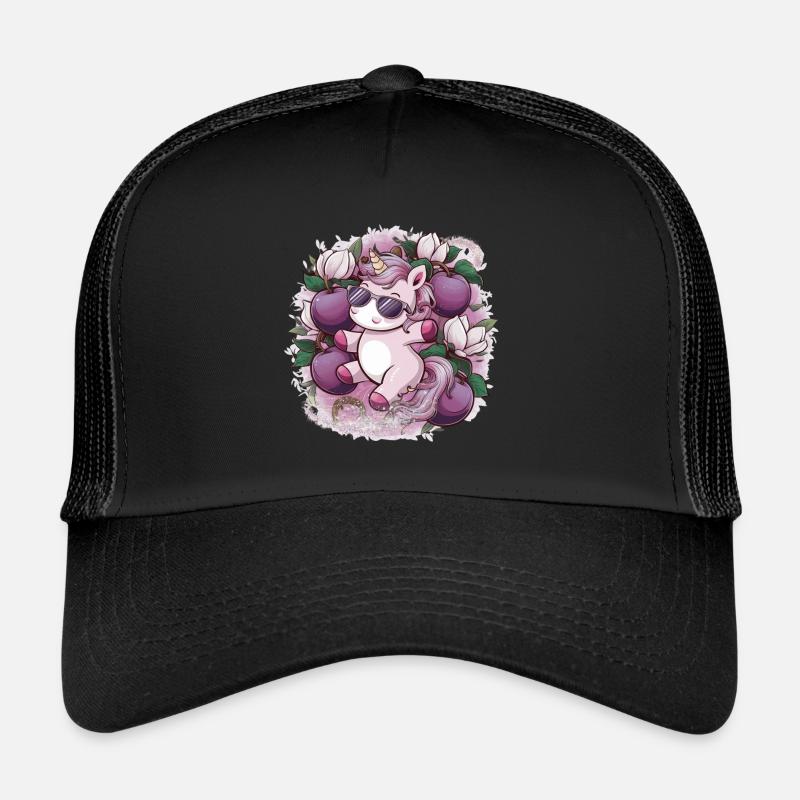 Kawaii Unicorn with Plums and Flowers Trucker Cap