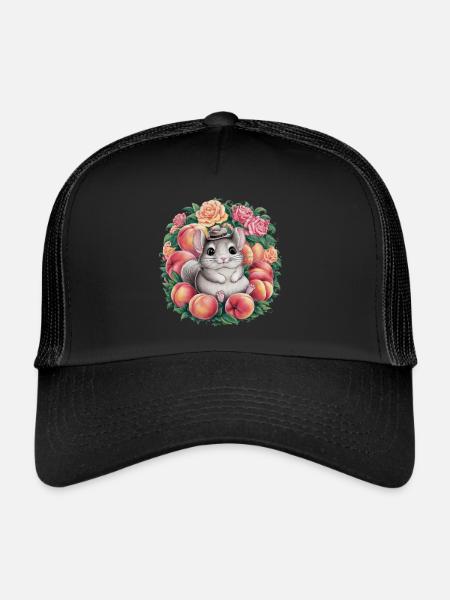 Dessin animé Kawaii Chinchilla avec des roses et de la pêche - Casquette trucker  - noir/noir - Devant