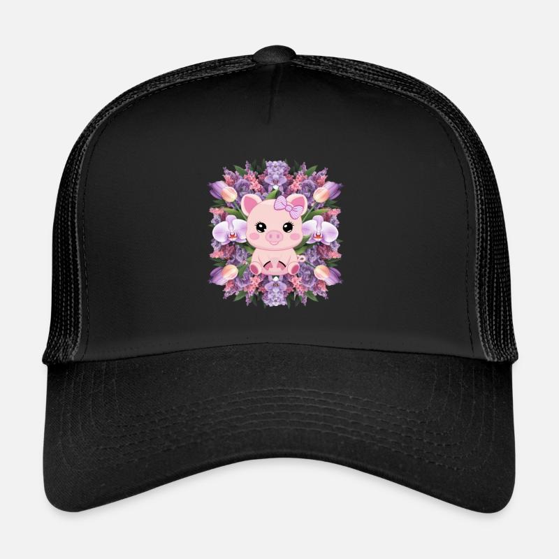 Cochon de style kawaii de dessin animé avec des orchidées Casquette trucker 