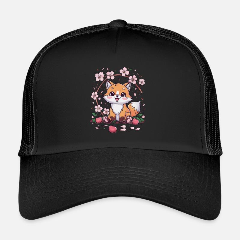Kawaii Fuchs mit Kirschen und Sakura Kirschblüten - Trucker Cap - Schwarz/Schwarz