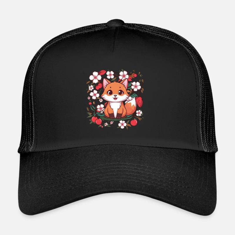 Kawaii Fuchs mit Kirschen und Sakura Kirschblüten Trucker Cap