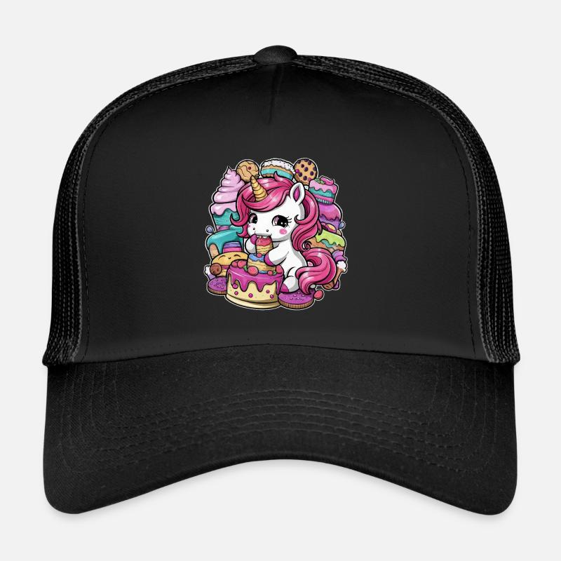 Licorne Kawaii de dessin animé avec des biscuits et un gâteau Casquette trucker 