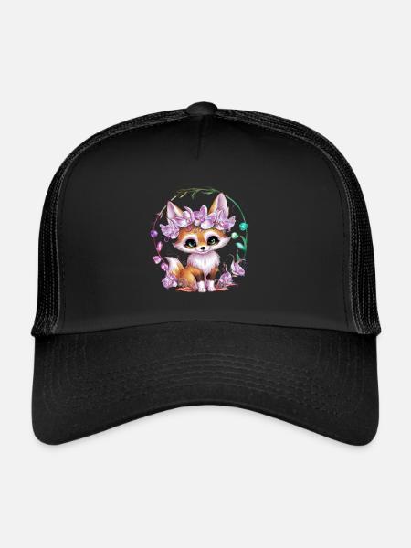 Renard du désert Fennec avec couronne et orchidées - Casquette trucker  - noir/noir - Devant