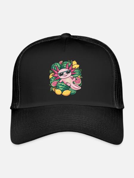 Kawaii Axolotl with Lemons and Watermelons - Trucker Cap - black/black - Front