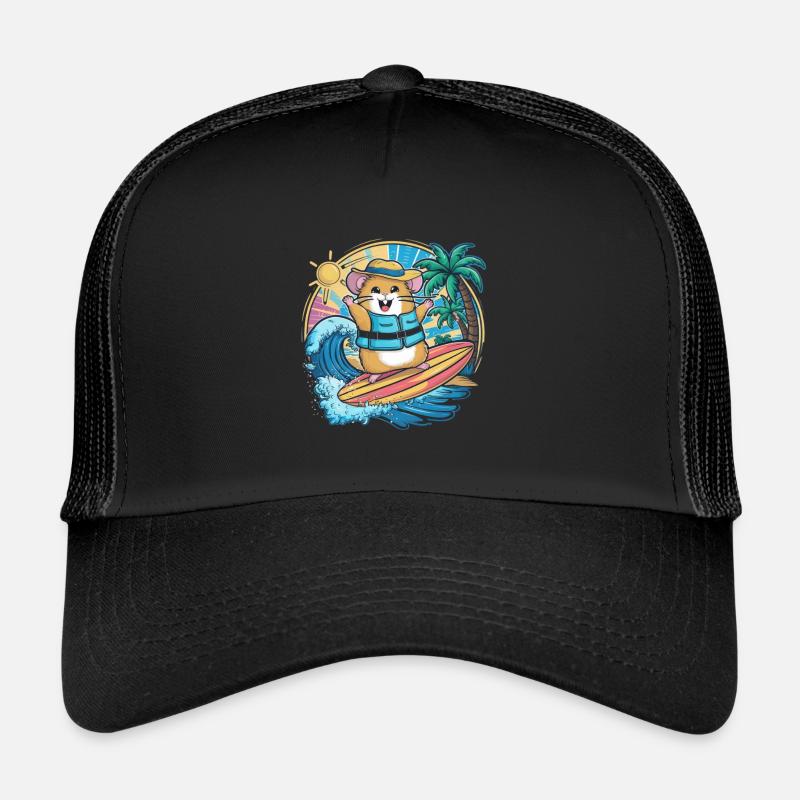 Hamster im Cartoon Stil mit Surfbrett und Strand Trucker Cap
