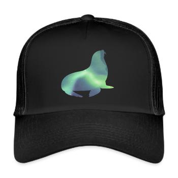 Island Robbe Seehund Polarlicht Aurora Borealis - Trucker Cap - Schwarz/Schwarz - Vorne