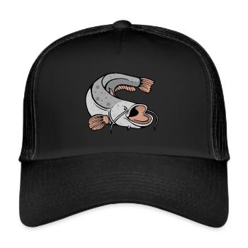 Waller, Wels, Catfish - Anglershirt Illustration - Trucker Cap - Schwarz/Schwarz - Vorne