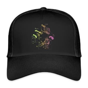 Rainbow Retro Camera Technical Drawing - Trucker Cap - black/black - Front