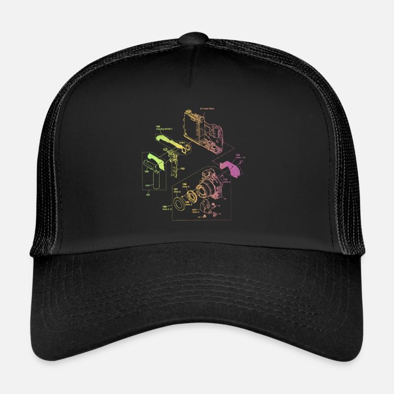 Regenbogen Retro Kamera Technische Zeichnung - Trucker Cap - Schwarz/Schwarz