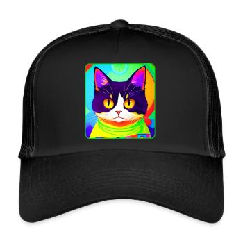 Katze mit schlechter Laune in bunten Farben - Trucker Cap - Schwarz/Schwarz - Vorne