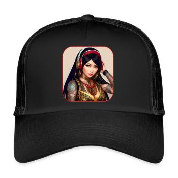 Asian beauty with tattoos and headphones - Trucker Cap - black/black - Front
