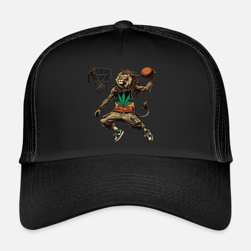 A Rasta lion dunking basketball Trucker Cap