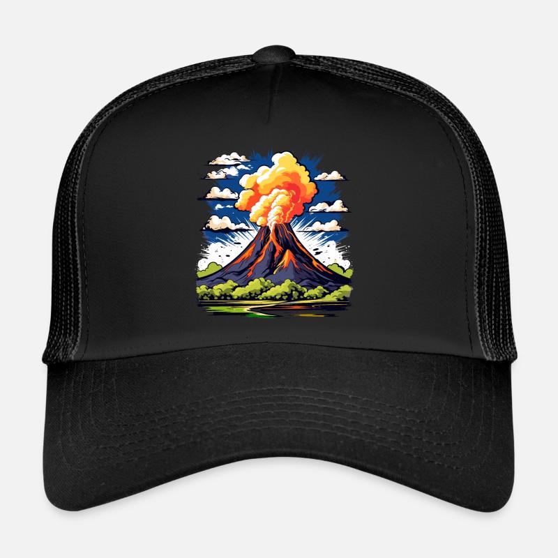 active volcano with ash cloud and lava flows Trucker Cap