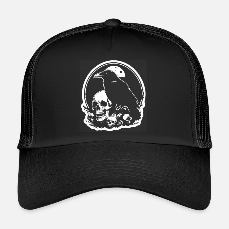 Black Mystic Raven with Skull Skull Trucker Cap
