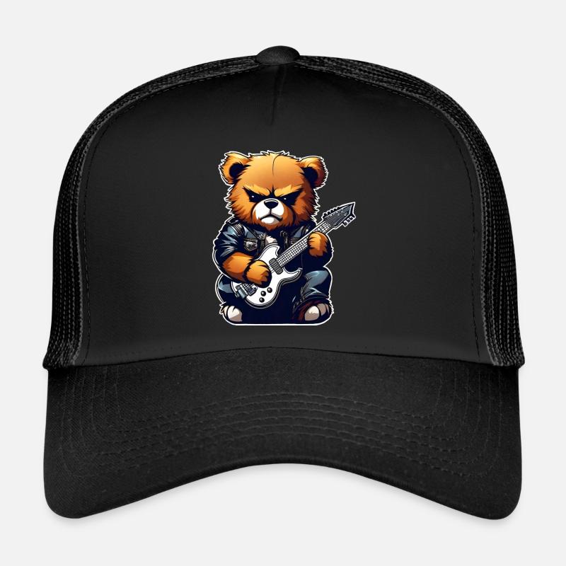 Heavy Metal Teddy Bär mit E-Gitarre - Trucker Cap - Schwarz/Schwarz