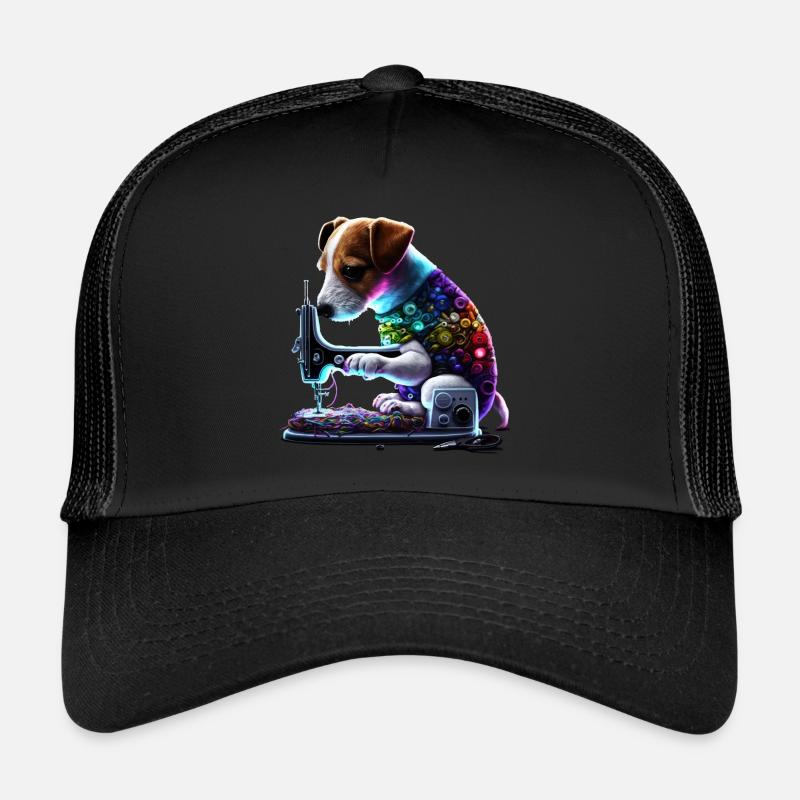 Jack Russel Hund näht mit Nähmaschine - Trucker Cap - Schwarz/Schwarz