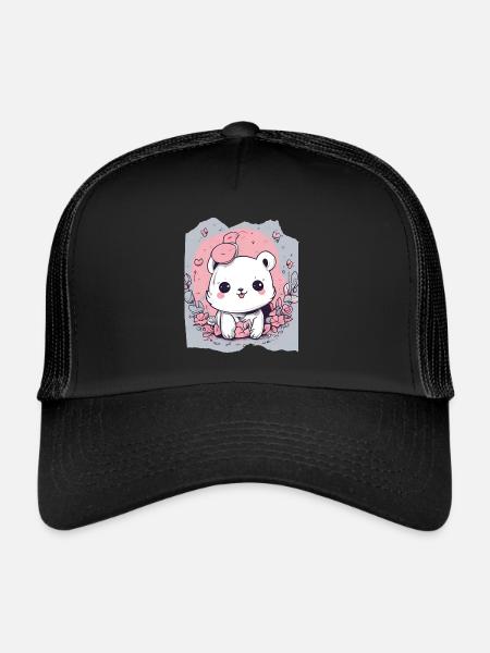Mignon Kawaii Blanc Animal Rose Fond Pour Elle - Casquette trucker  - noir/noir - Devant