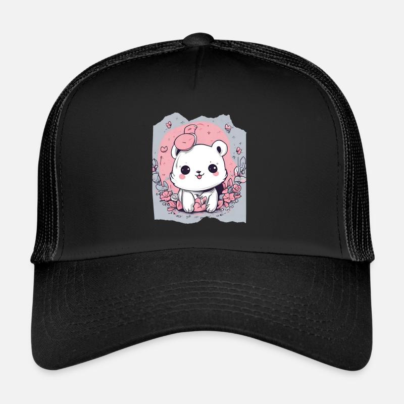 Cute Kawaii White Animal Pink Background For Her - Trucker Cap - black/black