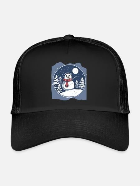 Frosty Wonderland Snowman Snowy Winter Night Scene - Trucker Cap - black/black - Front