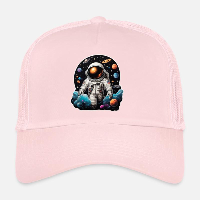 Astronaute sur la route dans l’espace avec des planètes Casquette trucker 