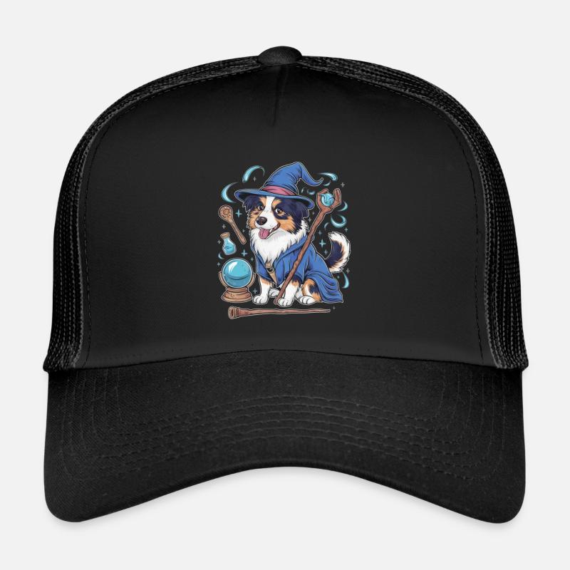 Australischer Schäferhund Magier mit Zauberstab - Trucker Cap - Schwarz/Schwarz