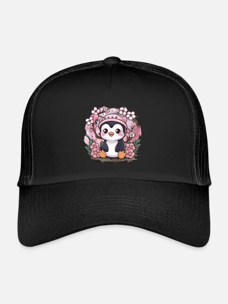 Dessin animé Kawaii Pingouin aux cerises - Casquette trucker  - noir/noir - Devant