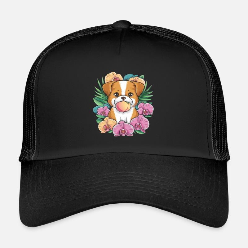 Chien de dessin animé kawaii avec pêche et orchidées Casquette trucker 