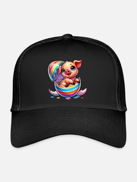 Mignon dessin animé cochon éclosion dans l’œuf de Pâques - Casquette trucker  - noir/noir - Devant