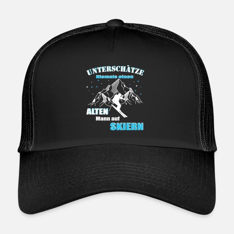 Skifahrer, Alter Mann auf Skiern - Trucker Cap - Schwarz/Schwarz
