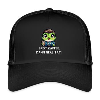 Frosch mit witzigen Kaffee Spruch - Trucker Cap - Schwarz/Schwarz - Vorne