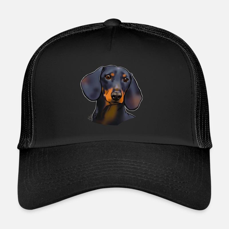 Dachshund black and tan (without text) dark textiles Trucker Cap