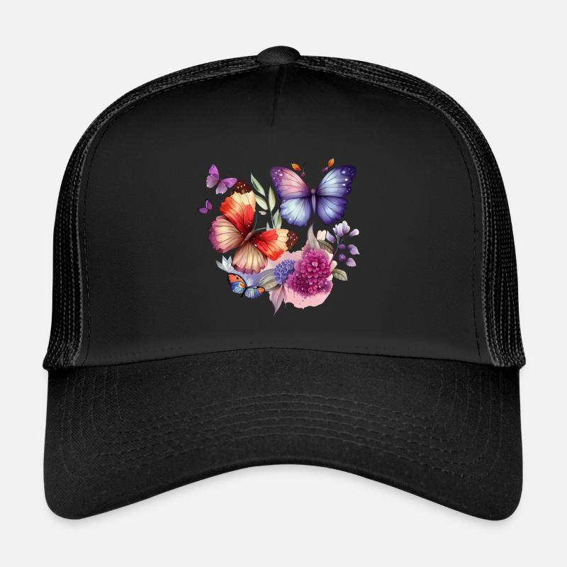 Schmetterling Vintage Blumen - Trucker Cap - Schwarz/Schwarz