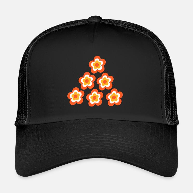 70er Jahre Blume Muster - Trucker Cap - Schwarz/Schwarz