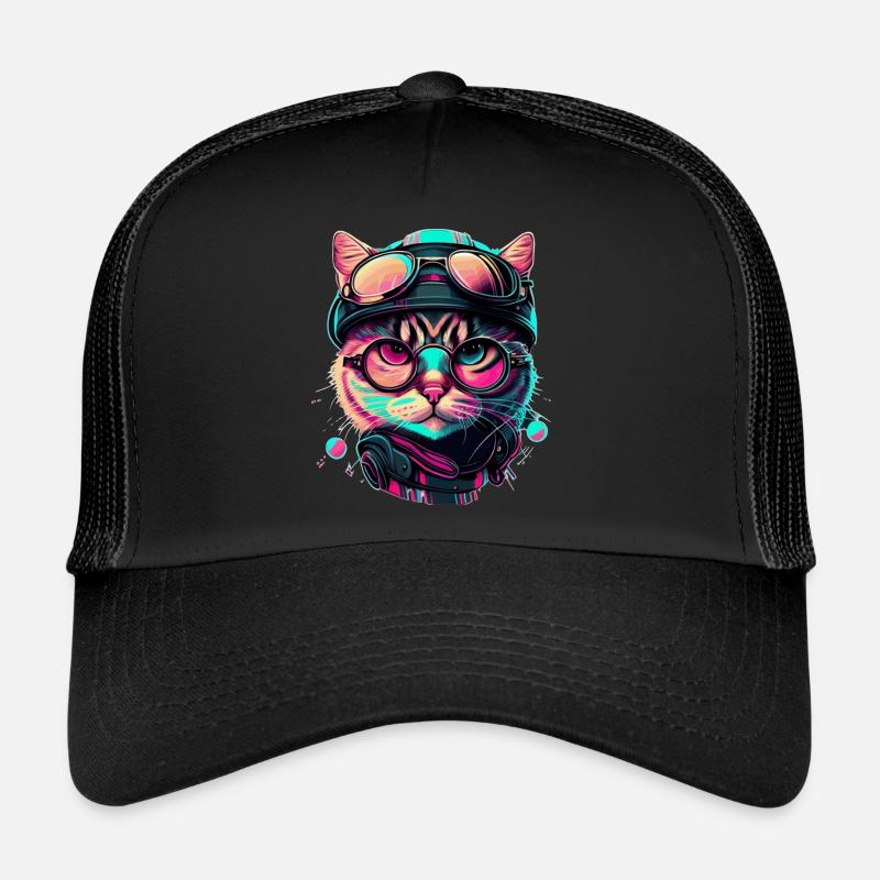 Rennfahrer Katze im Rainbow look als coole Vector - Trucker Cap - Schwarz/Schwarz