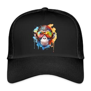 Bunter cooler Affe mit Sonnenbrille - Trucker Cap - Schwarz/Schwarz - Vorne