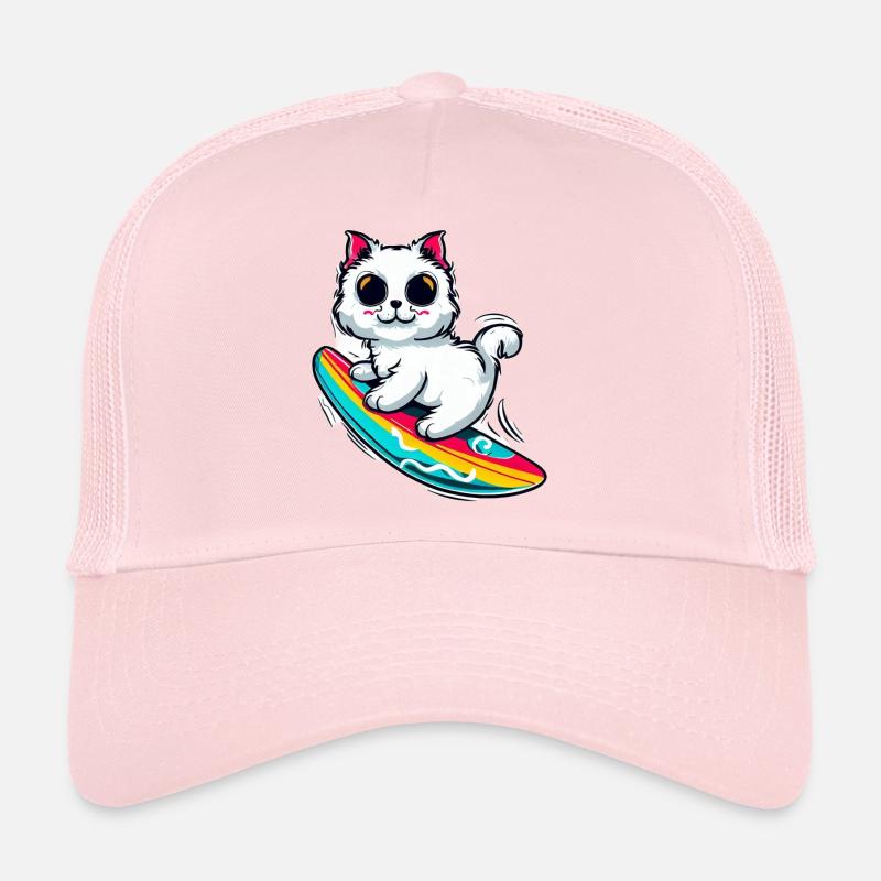 White cat on colorful surfboard Trucker Cap