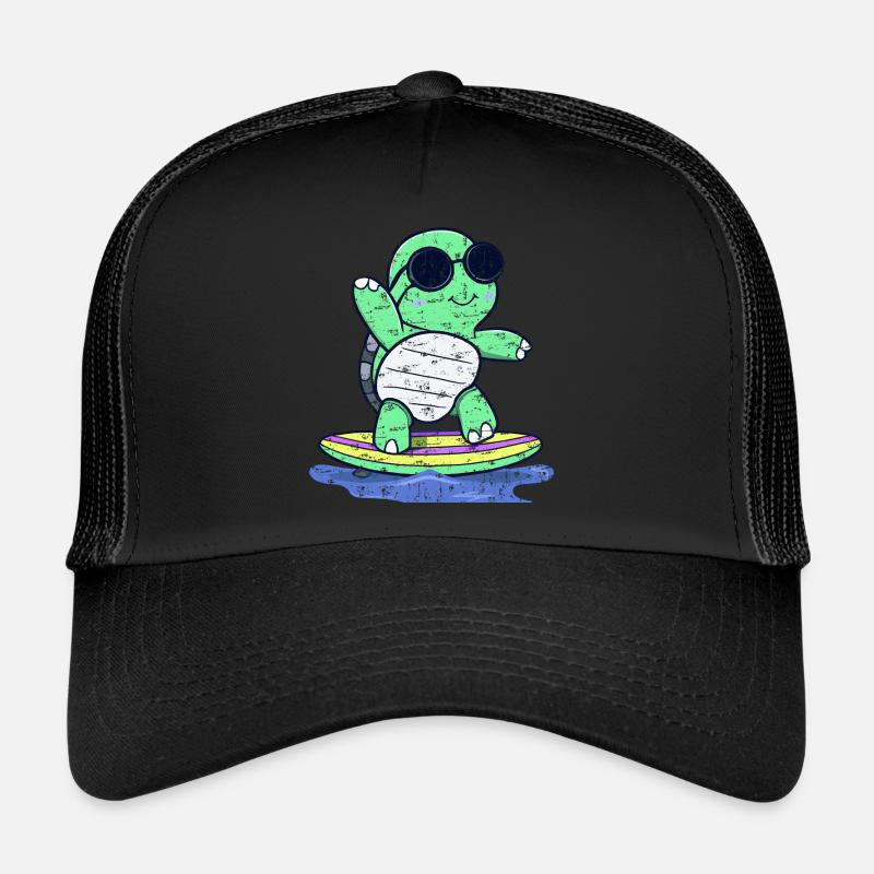 Kawaii turtle on surfboard with sunglasses Trucker Cap
