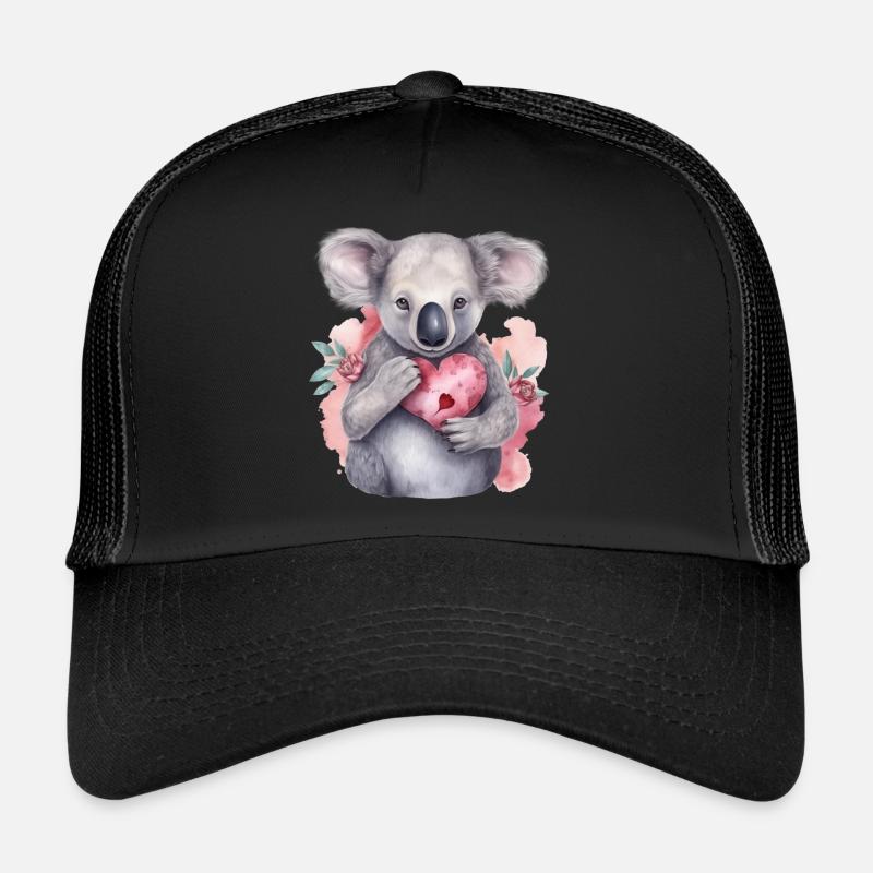 Koala mignon et mignon avec amour de cœur et de fleurs - Casquette trucker  - noir/noir